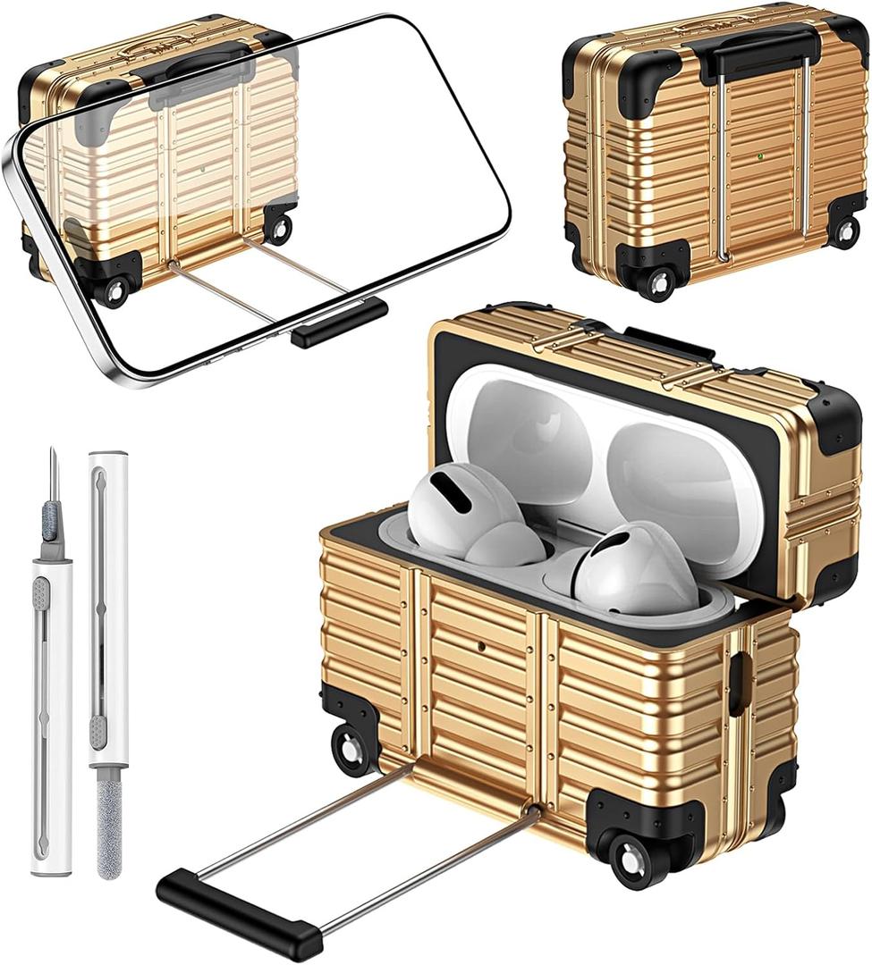 Case Cover for Airpods Pro 3 with Secure Lock & Phone Stand,Suitcase Design,Wired and Wireless Charging with Case,TPU+PC Protective Cover with Cleaner Kit,Gold