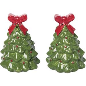 Christmas Tree Salt and Pepper Shaker Set, Ceramic, 3 Inches High, Green with Red Bow, Holiday Table Decor