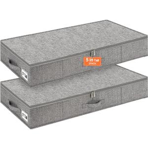 punemi 5 inches High Low Profile Under Bed Storage, Underbed Storage Containers With Sturdy Sidewalls & Bottom, Slim Under Couch Sofa Storage, Shallow Clothes Storage Bins, 2Pack, Grey