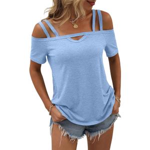 Micticsi Womens Cold Shoulder Tops for Women Summer Sexy Cut Out Tops Short Sleeve Criss Cross Casual Shirts (Blue, L)