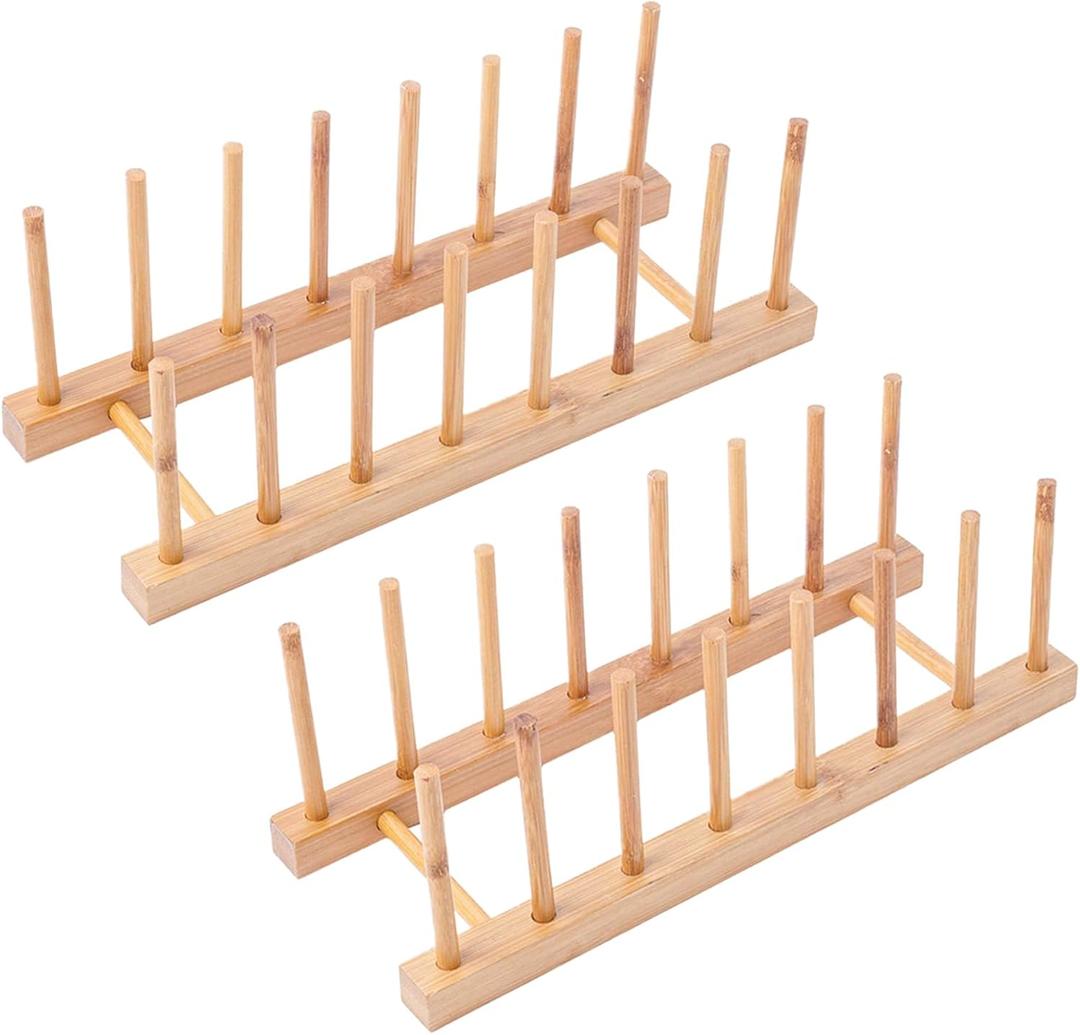 2Pack Bamboo Wooden Dish Rack, Plate Rack Stand Pot Lid Holder, Kitchen Cabinet Organizer for Cup, Cutting Board, Bowl, Drying Rack and More