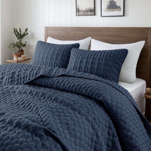 Navy Blue Quilt Queen Size  , Lightweight Quilted Blanket Thin Comforter Bed Cover, All Season Spring Summer, 3 Pieces, 90x90 inches