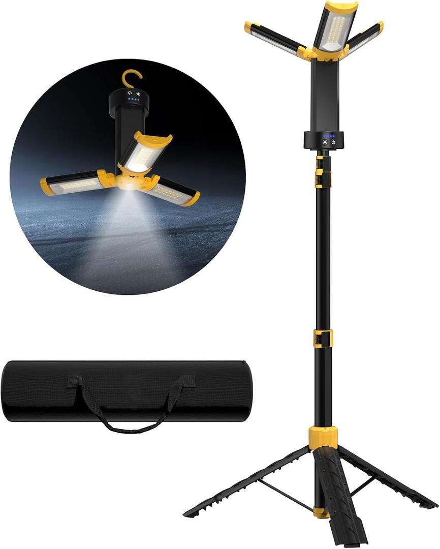 LHOTSE Rechargeable Camping Light with Stand, 83" Tall Portable 3000 Lumens Cordless Work Light with 3 LED Lamps Head & Detachable Tripod, 9AH Battery LED Work Light Dimmable with Travel Bag