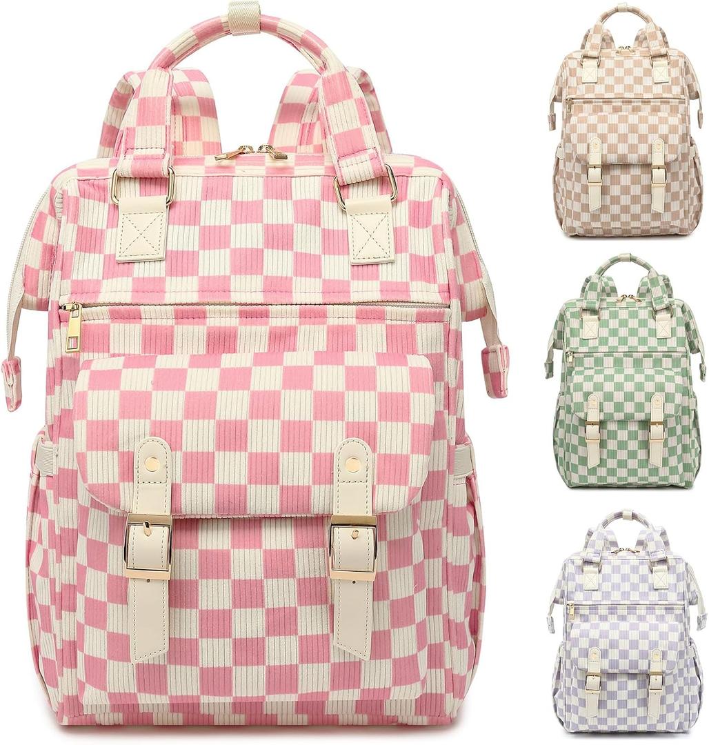 Corduroy Laptop Backpack for Women 15.6 Inch Stylish College School Bookbag, Business Work & Travel Computer Backpacks (Checkered Pink)