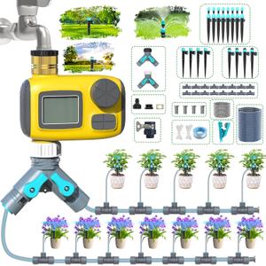 Drip Irrigation System Kit with Water Timer 100FT1/2 inch Hose 1/4 inch Distribution TubingWater Timer for Garden Hose with Anti-Leakage Quick Connector and Drip Emitters,for Potted Plant