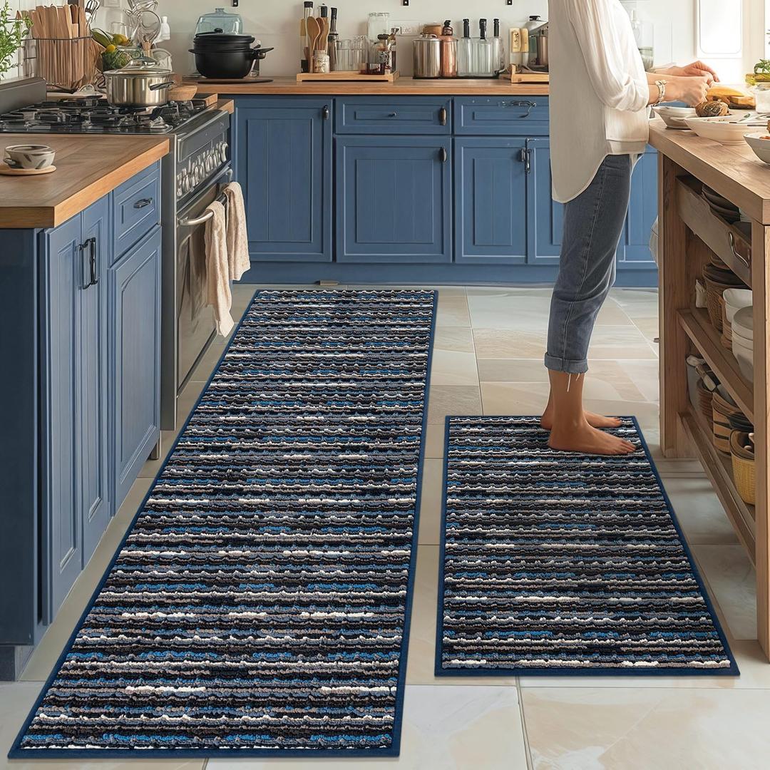 Kitchen Rugs Sets of 2-Non Slip Kitchen Mats for Floor-Thick Stain Resistant Vintage Kitchen Floor Mat Runner Carpet for Hallways Entryway Laundry Room WashableNavy Blue 24"x70"+24"x35"