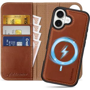 SHIELDON Detachable Genuine Leather Wallet Case for iPhone 17 6.3-inch | 2-in-1 | Wireless Charging | Magnetic Closure | RFID Blocking Credit Card Slot | Kickstand | Full Protection | Retro Brown