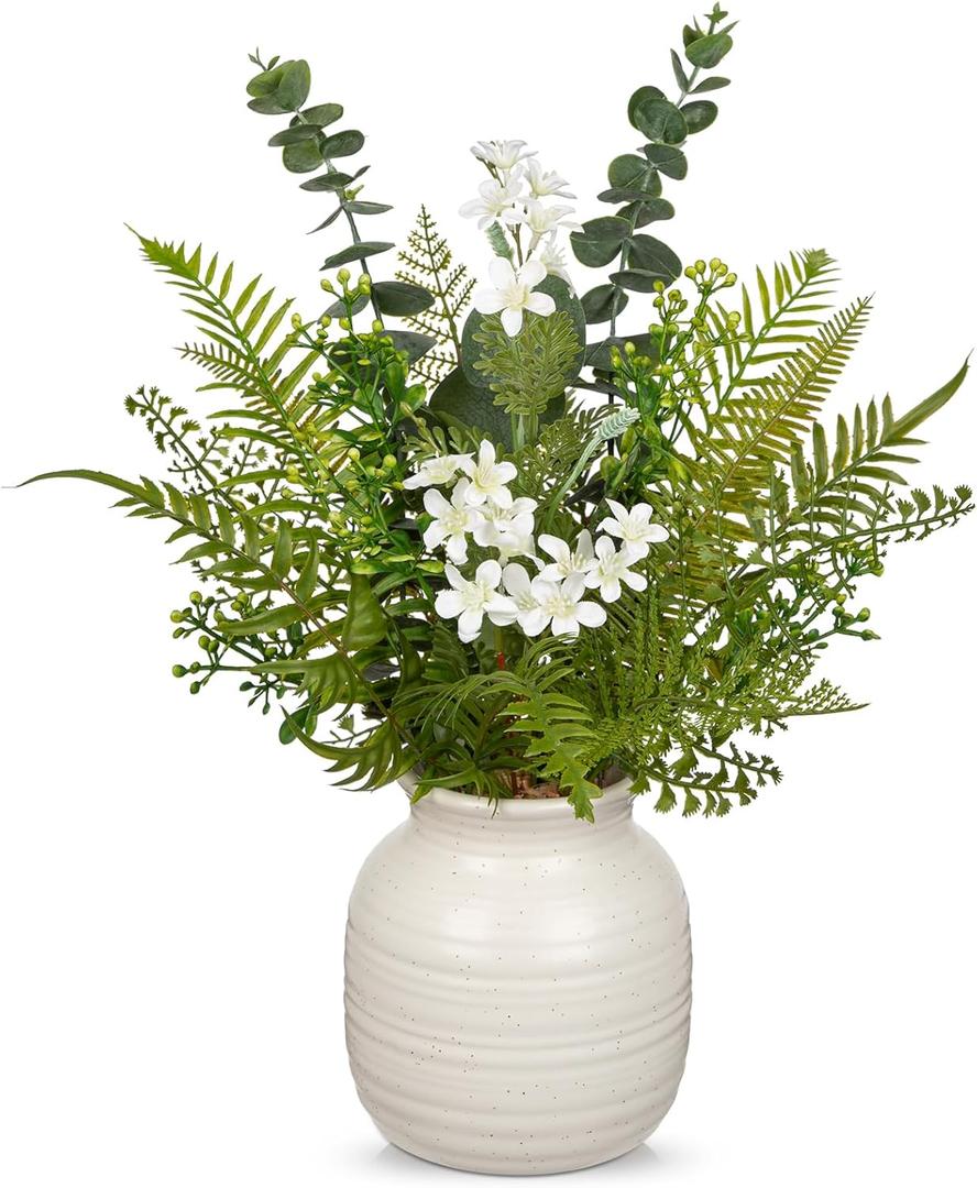 Artificial Floral Arrangement with Ceramic Vase - 15.4" Faux Greenery & White Flowers | Fern | Eucalyptus Leaves Fake Table Centerpiece in Vintage Vase for Home Office Living Room Bedroom Indoor Decor