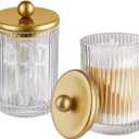 3 Pack Glass Qtip Holder Dispenser Set with Matte Gold Metal Lid