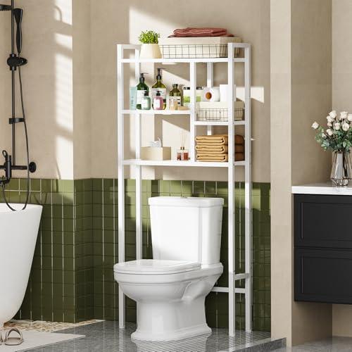 Asgolion Over The Toilet Storage Rack, 3-Tier Bathroom Organizer Over Toilet, Wooden Above Toilet Storage Shelf, Space Saver, Freestanding Bathroom Storage Metal Shelf, Easy to Assemble, White