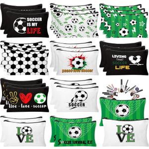 30Pcs Soccer Makeup Bag Soccer Gifts for Women Canvas Cosmetic Bags with Zipper Travel Toiletry Pouch Accessories for Women Football Lover Players Team Gifts