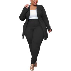 Women's Plus Size 2 Piece Outfits Open Front Blazer and High Waisted Long Pant Suit Set Business Loungewear (3X-Large, Black)