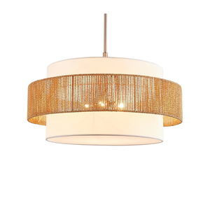 24'' Rattan Large Drum Chandeliers Light Fixtures,5 Light Boho Pendant Light Farmhouse Rustic Hand Woven Lighting for Dining Room Kitchen Island Living Room Bedroom,Brushed Nickel Finish Metal