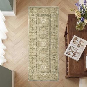 jinchan Runner Rug 2x5 Kitchen Washable Rug, Vintage Floral Carpet Hallway Mat with Non Slip, Runner Rugs Low-Pile Carpet for Bedroom Bathroom Laundry Room Living Room (Brown Green) Global Recycled Standard