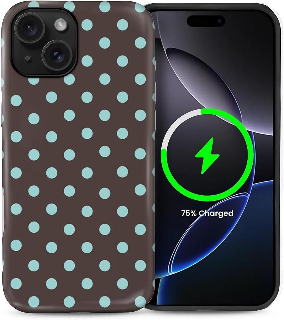 for iPhone 15 Case for Women Girl Men Boy, Compatible with MagSafe, Shockproof Soft Silicone & Hard PC Shell Protective Case for iPhone 15 - Brown & Blue Polka Dot Cute