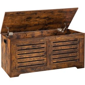 DINZI LVJ Storage Chest, 43.3 Wooden Toy Box with 2 Safety Hinges, Retro Entryway Shoe Storage Bench with Flip-Top, Sturdy Large Storage Trunk for Living Room, Bedroom, Easy Assembly, Rustic Brown