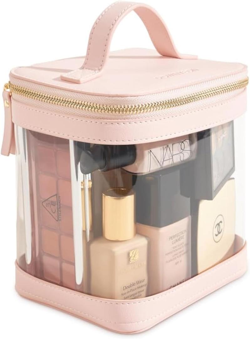 ROWNYEON Large CLear Travel Makeup Bag for WomenTransparent Cosmetic Bag with HandlePortable Makeup Case OrganizerWaterproof Toiletry Organizer Train Case, Pink