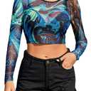 Avidlove Sheer Tops for Women Long Sleeve Crop Top Mesh Shirt Going Out Outfits Marble Print XXL
