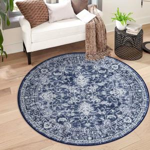 KILOCOCO Round Rug 3ft Vintage Floral Small Circle Rug Machine Washable Entryway Mat Non Slip Low-Pile Kitchen Rugs for Front Door Laundry Room Bathroom Moroccan Area Rugs, Blue