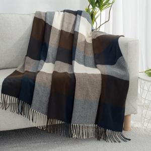 Buffalo Plaid Throw Blanket for Couch with Tassels,50"X60" Soft Lightweight Knitted Boho Decorative Blankets for Bed and Sofa Navy Blue/Brown