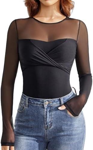 Avidlove Bodysuits for Women Long Sleeve Crew Neck Body Suit One Piece Sheer Leotard Twist Knot Going Out Tops M