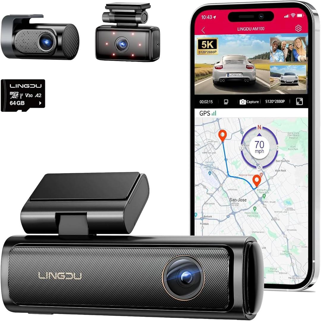 AM100 5GHz WiFi 3 Channel Dash Cam, 4K Dual Front and Rear Dash Cam for Car with 64GB SD Card, Voice Control G-Sensor, 24H Parking Mode Night Vision, Built-in GPS Max Up Support 256GB