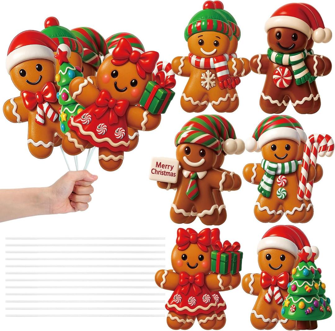 Giegxin 12pcs 10 x 8 Inches Gingerbread Man Christmas Tree Picks Gingerbread Christmas Decor with Sticks Cute Ornaments for Xmas Tree Topper Home School Office Garden Patio Winter Vase Holiday (Caramel)