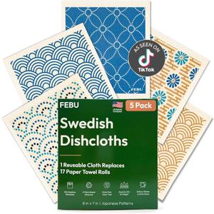 FEBU Swedish Dishcloths for Kitchen | 5 Pack Japanese Reusable Paper Towels Washable | Swedish Dish Towels | Non-Scratch Cellulose Sponge Cloths | No Odor, Biodegradable Cleaning Cloths