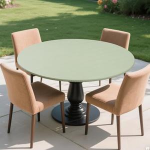 Round Fitted Tablecloth with Elastic Edge,Flannel Backed Vinyl Tablecloths,Wipeable Waterproof Plastic Table Cloth Fits 27" - 32" Round Table for Dining, Camping, Indoor and Outdoor,Light Green