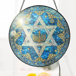 FLAGWIX Hanukkah Gifts for Women Men - Star of David Stained Glass Window Hanging 8 in - Hanukkah Sun Catcher Hanging Decor, Chanukah Suncatchers for Garden Decor, Religious Spiritual Gifts for Mom (Royal  Hanukkah Radiance)