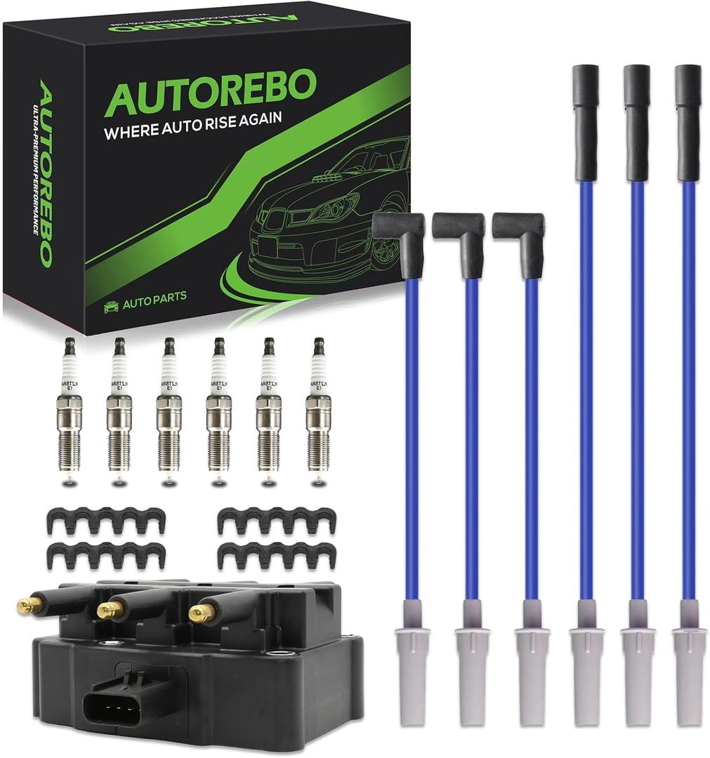 Set of 1 Ignition Coils Pack UF412 56029098AA with 6 Iridium Spark Plugs and Spark plug Wire Set Compatible with Jeep Wrangler 2007-2011 V6 3.8L # UF305 56032520AF