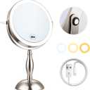 Makeup Mirror with Light, 30x Magnifying Mirror with 3 Lights Colors, 5000mAh Vanity Mirror Brushed Nickel - 360 Rotation, Brightness Adjustable Magnification, Modern Style Side Touch + Side Charge