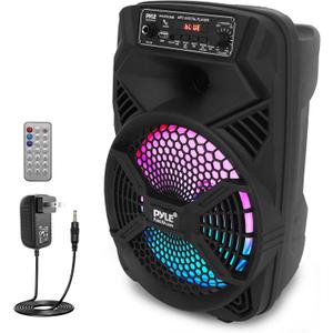 Pyle 8" Portable PA Bluetooth Speaker  300W Max Power, Rechargeable Battery, Flashing LED Party Lights, MP3/USB/FM Radio, Aux Input, Ideal Karaoke Machine for Indoor/Outdoor Events, 8.8"x 7.7"x13.1"