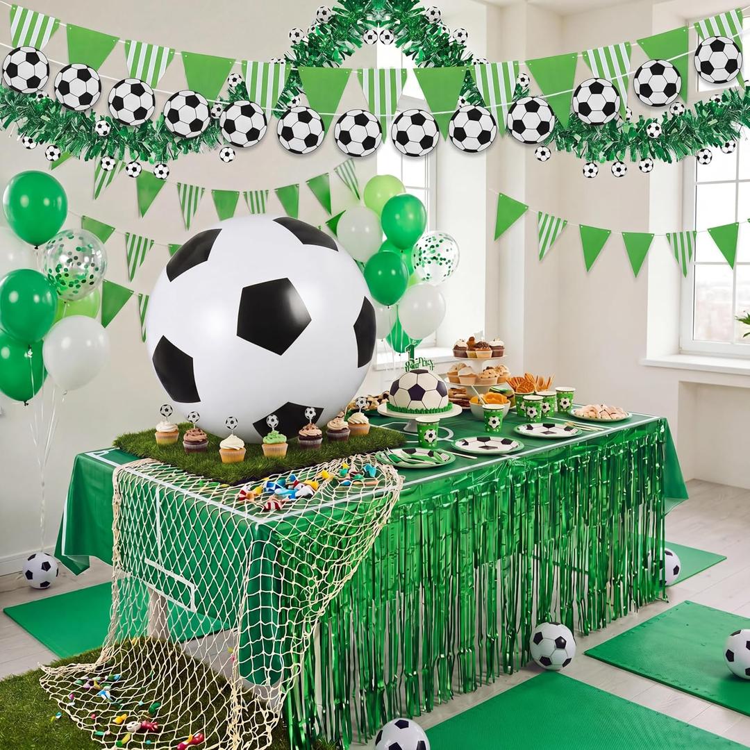 Unittype 13 Pcs Soccer Party Decorations Set with 1 Giant Inflatable Soccer Ball, 4 Football Banners, 4 Green Tassels and 1 Nylon Net Parade Float for Homecoming Party Car Truck Decor