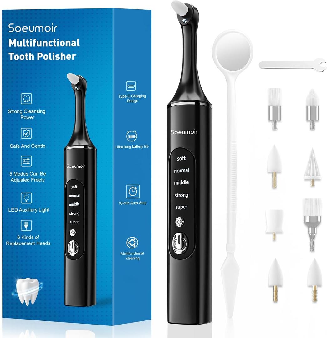 Tooth Polisher,Rechargeable Tooth Whitening Kit for Teeth Cleaning and Whitening, with 8 Brush Heads, LED Light, 5 Speed Modes Dental Polisher Personal Dental Care Kit for Home Use and Travel