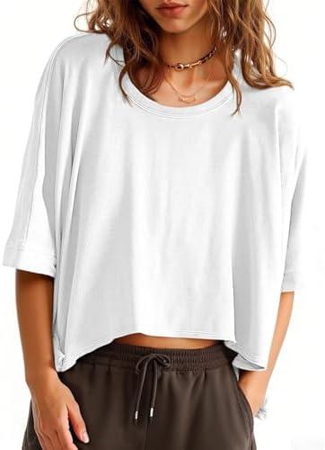 Tankaneo Womens Oversized T-Shirts Cropped Summer Casual Short Sleeve Loose Fit Tee Tops, Large