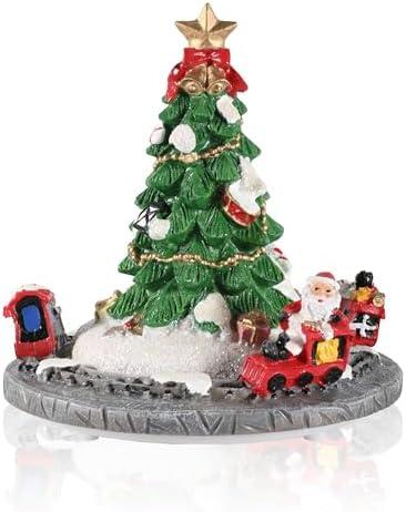 iStatue Rotating Musical Christmas Tree Figurine – Resin Holiday Decoration with Santa Train, Plays “Merry Christmas” Song, 6” Tall Spinning Xmas Gift (Xmas Tree)