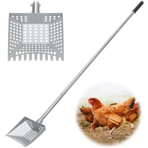 Chicken Poop Scooper Tempered Spring Steel Sifting Shovel for Chicken Coop with 32-60" Adjustable Stainless Steel Tube Cleaning Tool for Coop with Rubber Handle