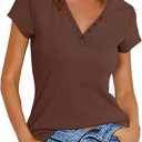 Prettywear Women's V Neck T Shirt Short Sleeve Summer Shirts Cotton Tops Basic Casual Trendy Tee(Coffee, S)