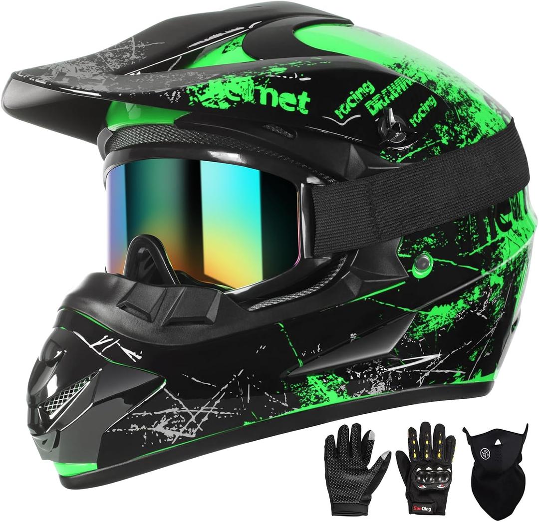 SPARK Dirt Bike Helmets Kids Motorcycle Helmet Youth ATV Motocross Full Face Men Women Off-Road Mountain Bike Helmet Adult with(Gloves Goggles Mask) DOT Approved 4Pcs Set (Medium, Green)