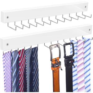 2 in 1 2 Pack Tie Organizer Belt Organizer Wall Mounted, Space Saving Tie Rack Belt Hanger for Closet with 24 Storage Hooks, Belt Tie Holder for Closet Organizer Storage White