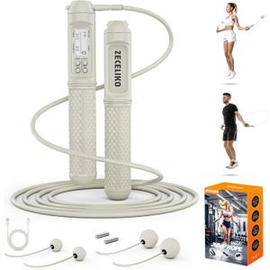 Smart Jump Rope with LED Display and Jump Counter, Weighted Cordless Design for Home Gym & HIIT, Adjustable Steel Wire for Fitness, Tracks Jumps, Calories & Time, for Men, Women & Kids (Light White)