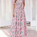 PRETTYGARDEN Women's Summer Maxi Dresses Boho Floral Short Sleeve V Neck Casual Wedding Guest 2026 Beach Vacation Outfits (Pink, M)