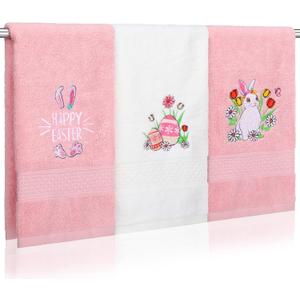 Breling 3 Pcs Easter Bunny Eggs Hand Towels for Bathroom 100% Cotton Happy Easter Bath Towel Decorations Soft Embroidered Home Decoration for Spring Gift Accessories, 13.3'' x 29''