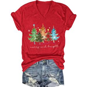 Womens Christmas Shirts: Merry and Bright Graphic Printed T-Shirts Holiday Xmas Vneck Blouse Tops (Small, Red1)