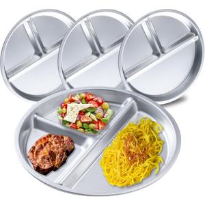 4 Pack 304 Stainless Steel Divided Plate, 8 Inch 3 Section Round Divided Plates Portion Control Plates Partition Plate for Adults, Camping, Picnic, Home, Silver
