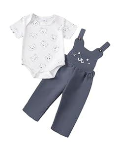 SUNNY PIGGY Baby Boy Clothes Newborn Outfits Short Sleeve Bear Print Romper Adjustable Suspender Overalls Jumpsuit Grey-3-6M