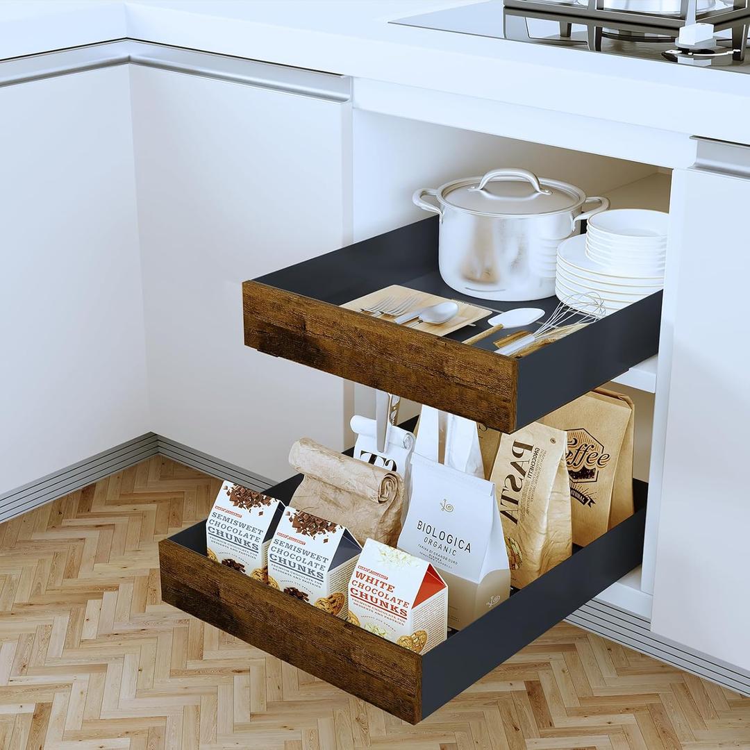 2 Pack Pull Out Cabinet Organizer 13.4" Deep Adhesive Slide Out Cabinet Drawer Peel Stick Pull Out Shelf Drawer for Kitchen Pantry Bathroom Solid Panel with Wooden Front (Black 12.2" Wide)