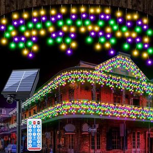 65ft Green Yellow Purple Mardi Gras Light Solar Icicle Light for Outdoor Decor Waterproof 600 LED Powered Karneval Curtain String Icicle Lights for Carnival Outside Yard Porch Garden Hang Tree Decor