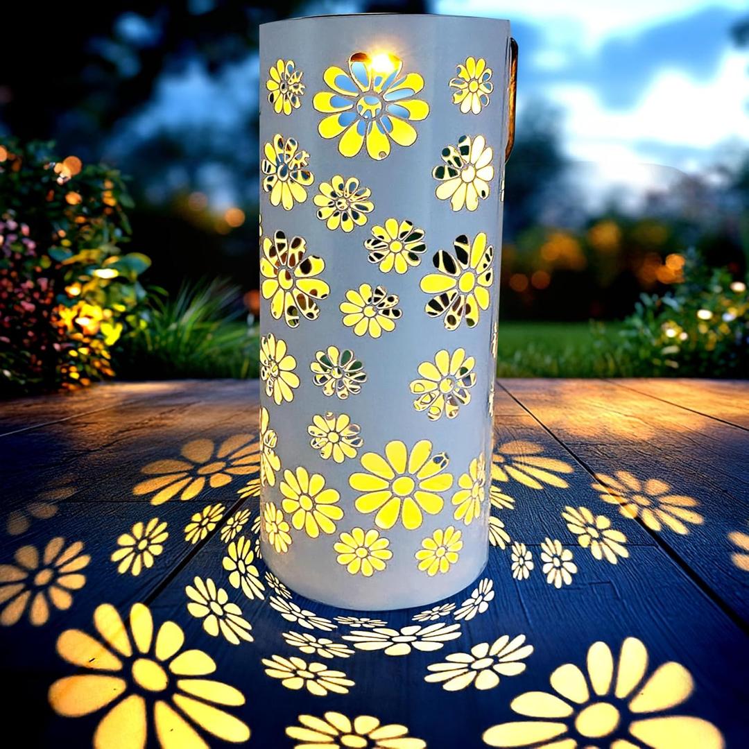CBAXEAXM Solar Lanterns Outdoor Waterproof Hanging Flower Light Metal Tabletop Solar Lantern with Hollowed-Out Design for Yard, Patio, Backyard, Porch Table Decor Gifts(White Flower)